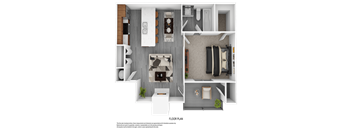A floor plan of a small apartment with a kitchen, living room, and bedroom.