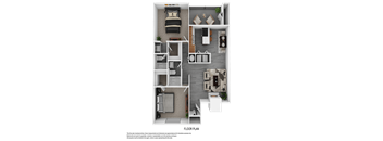 A floor plan of a small apartment with a kitchen, living room, and two bedrooms.