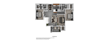 A floor plan of a house with a living room, dining room, kitchen, and two bedrooms.