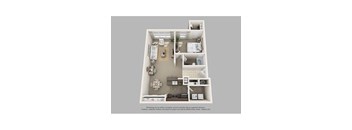 A 3D floor plan of a small apartment with a kitchen, living room, and bathroom.