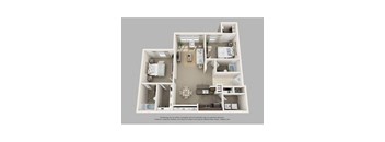 A 3D floor plan of a house with a kitchen, living room, and two bedrooms.
