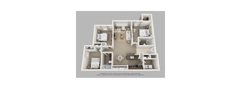 A 3D floor plan of a house with a kitchen, living room, and two bedrooms.