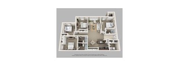 A 3D floor plan of a house with a kitchen, living room, and two bedrooms.