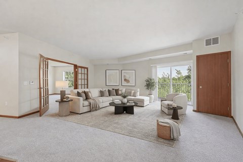 A spacious living room with a white couch and a rug.