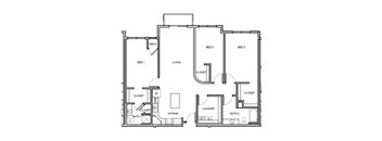 A floor plan of a house with three bedrooms, a laundry room, and a kitchen.