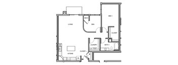 A floor plan of a small apartment with a living room, kitchen, bedroom, bathroom, and laundry room.