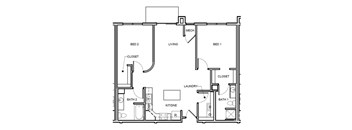 A floor plan of a small apartment with two bedrooms, a living room, a laundry room, and a bathroom.