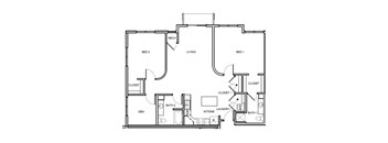 A floor plan of a home with two bedrooms, a living room, a laundry room, and a den.