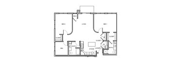 A floor plan of a small apartment with two bedrooms, a living room, a laundry room, and a den.