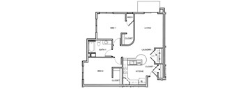 A floor plan of a small apartment with two bedrooms, a bathroom, a laundry room, and a kitchenette.
