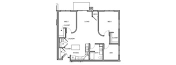 A black and white image of a floor plan for a small apartment.
