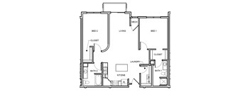 A floor plan of a small apartment with two bedrooms, a living room, a laundry room, and a bathroom.
