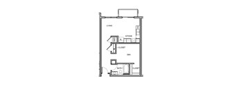 A floor plan of a small apartment with a living room, kitchen, bathroom, and bedroom.