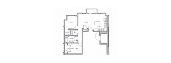 A floor plan of a small apartment with a bedroom, bathroom, laundry, and closet.
