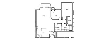A floor plan of a house with a living room, kitchen, laundry room, and two bedrooms.