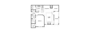 A floor plan of a house with a kitchen, dining room, living room, bedroom, bathroom, and veranda.