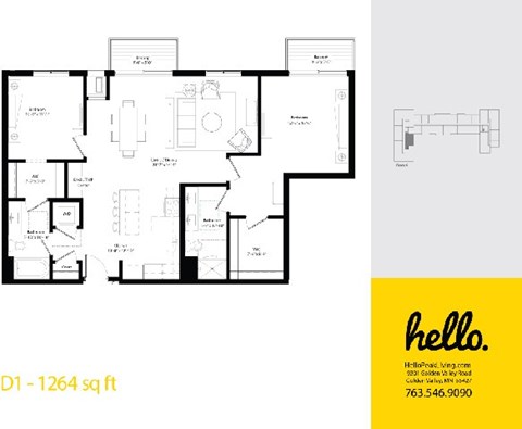 D1 Floor Plan at Hello Apartments, Minneapolis