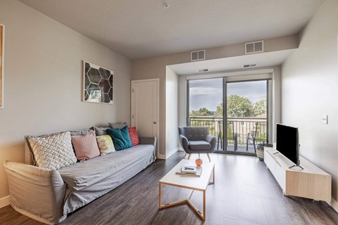 A living room with a grey couch and a coffee table.