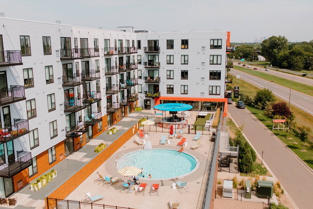 Aerial Pool View at Hello Apartments, Minneapolis, MN, 55427