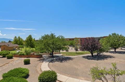 A sunny day in a courtyard with a clear blue sky.