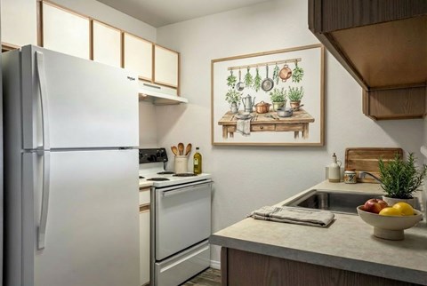 A kitchen with a refrigerator, oven, and sink.