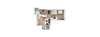 A floor plan of a small apartment with a kitchen, living room, and bedroom.