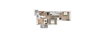 A floor plan of a house with a kitchen, living room, dining room, and two bedrooms.