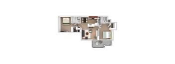 A floor plan of a small apartment with a kitchen, living room, and bedroom.