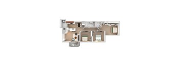 A floor plan of a house with a kitchen, living room, and two bedrooms.