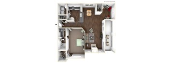 A 3D floor plan of a small apartment with a kitchen, living room, and bathroom.