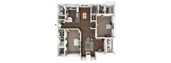 A detailed 3D floor plan of a small apartment with a kitchen, living room, and bathroom.