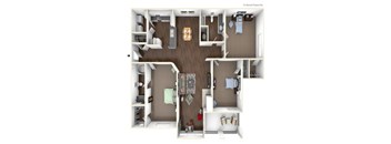 A floor plan of a two-story apartment with a living room, kitchen, and bedrooms.