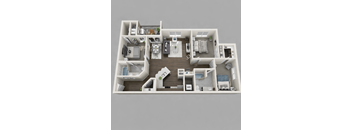 A 3D floor plan of a house with multiple rooms and furniture.