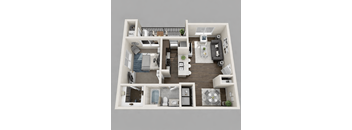 A 3D floor plan of a house showing a kitchen, living room, dining room, and bathrooms.