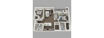 A 3D floor plan of a small apartment with a kitchen, living room, and bathroom.