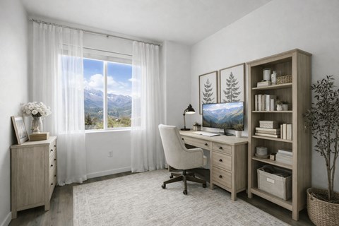 Home office with mountain view and wood desk at Summit Ridge Townhomes Apartments, Reno, Nevada