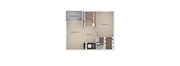 A floor plan of a small apartment with a living room, dining area, kitchen, and bathroom.
