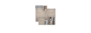 A floor plan of a home with a living room, dining room, kitchen, master bedroom, and a bedroom.