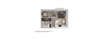 A floor plan of a house with a kitchen, living room, and bathroom.