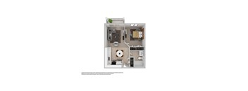 A floor plan of a small apartment with a kitchen, living room, and bathroom.