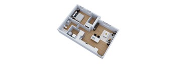 A floor plan of a house with a kitchen, living room, and two bedrooms.