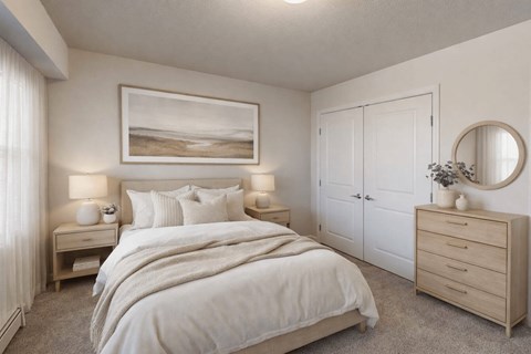 Bright bedroom with neutral tones and modern furnishings at Cypress Court Apartments, Minnesota