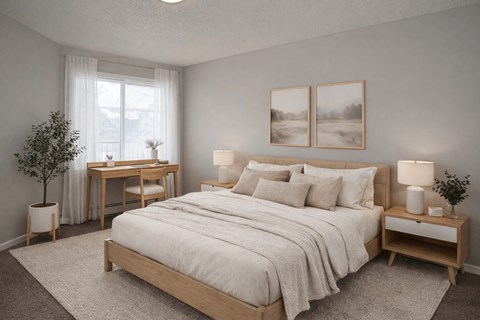 Spacious bedroom with natural light and desk area at Regency Park Apartments, St Cloud, Minnesota