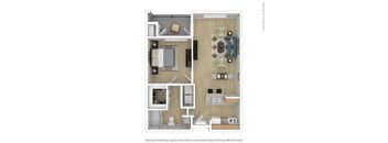 A floor plan of a small apartment with a kitchen, living room, and bathroom.