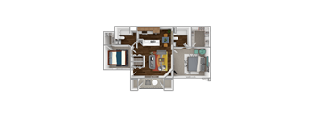A floor plan of a house with a kitchen, living room, and bedrooms.