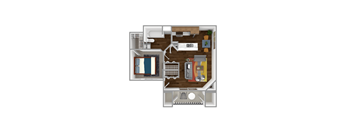 A floor plan of a small apartment with a kitchen, living room, and bathroom.