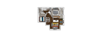 A 3D floor plan of a house showing a living room, kitchen, and two bedrooms.