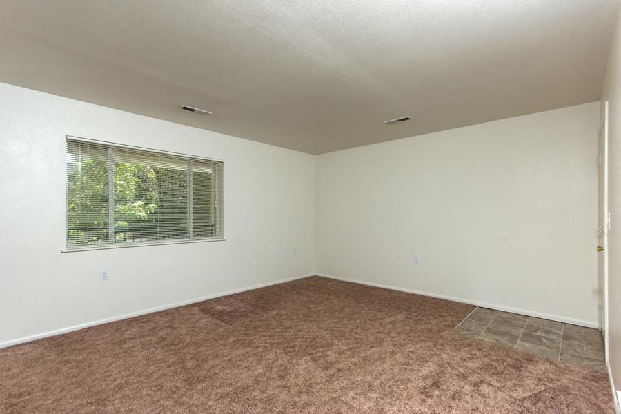 an empty room with a window and a brown carpet