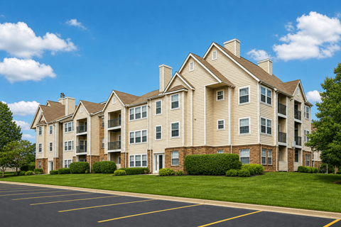 A large apartment building with a parking lot in front.