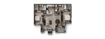 A 3D rendered image of a house layout.